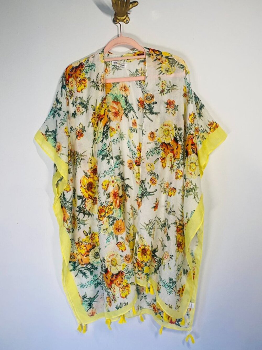 Woven Heart Floral Kimono Style Cover-Up With Tassels Yellow & Orange Flowers